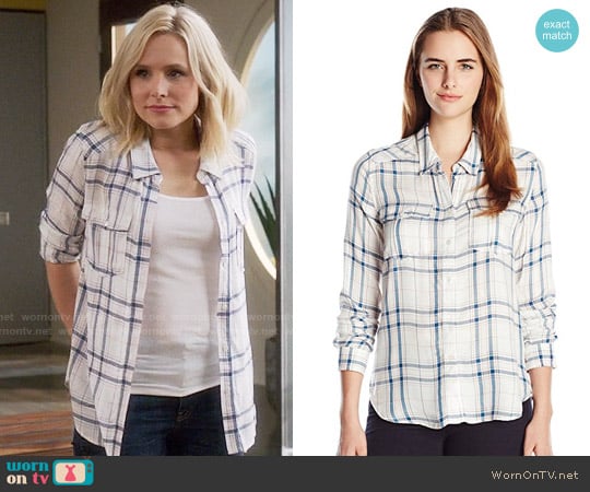 Paige Mya Shirt in White / Sapphire worn by Eleanor Shellstrop (Kristen Bell) on The Good Place