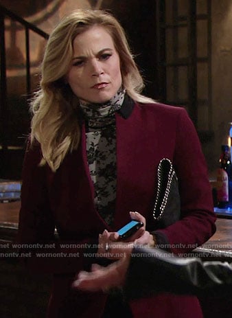 Phyllis's lace print turtleneck top and burgundy blazer on The Young and the Restless