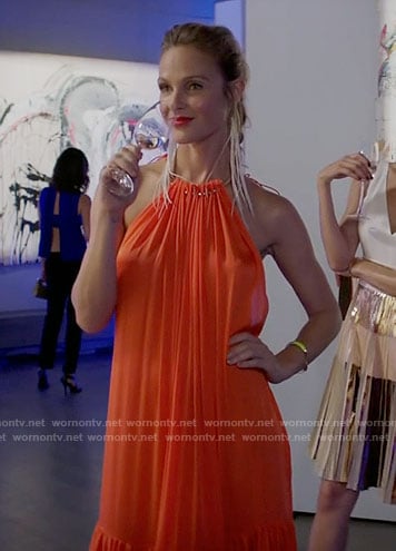 Phoebe’s orange halter neck maxi dress on Girlfriends Guide to Divorce