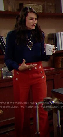 Quinn’s blue studded blouse, orange trousers with buttons and leopard print necklace on The Bold and the Beautiful