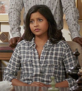 The Real Eleanor's grey checked shirt on The Good Place