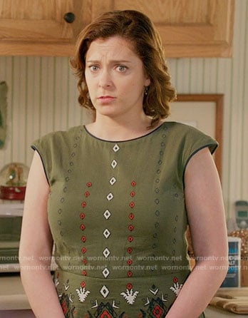 Rebecca's green embroidered dress on Crazy Ex-Girlfriend