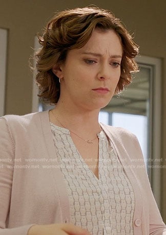 Rebecca’s white owl print top on Crazy Ex-Girlfriend