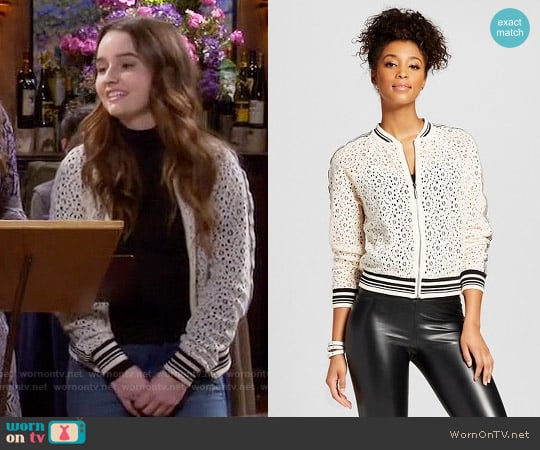 Target Athletic Bomber Jacket Ivory worn by Eve Baxter (Kaitlyn Dever) on Last Man Standing