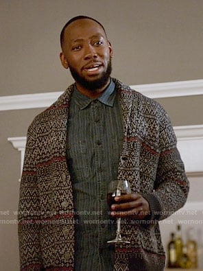 Winston's navy patterned cardigan on New Girl