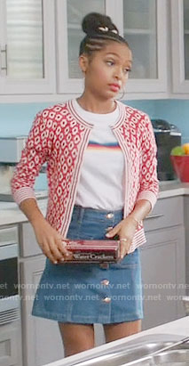 Zoey's rainbow stripe top and red printed cardigan on Black-ish