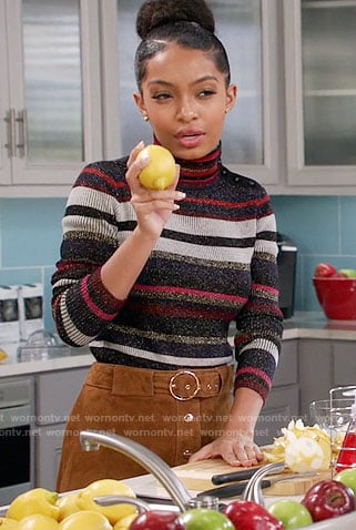 Zoey's striped turtleneck sweater and suede buttoned front skirt on Black-ish