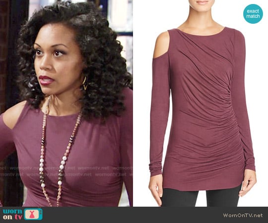 Bailey 44 Savy Cold Shoulder Top in Plum worn by Hilary Curtis (Mishael Morgan) on The Young and the Restless