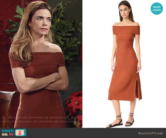 Elizabeth and James Marbella Off Shoulder Knit Dress worn by Victoria Newman (Amelia Heinle) on The Young and the Restless