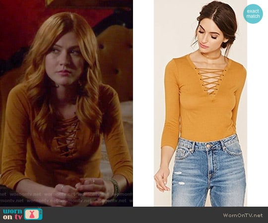 Contemporary Lace-up V-neck Top by Forever 21 worn by Clary Fray (Katherine McNamara) on Shadowhunters