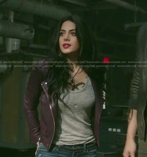 Isabelle’s purple moto jacket and ripped skinny jeans on Shadowhunters