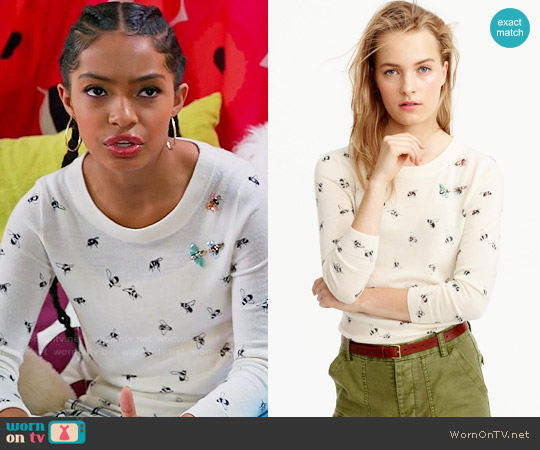 J. Crew Tippi Sweater in Embellished Bee Print worn by Zoey Johnson (Yara Shahidi) on Black-ish