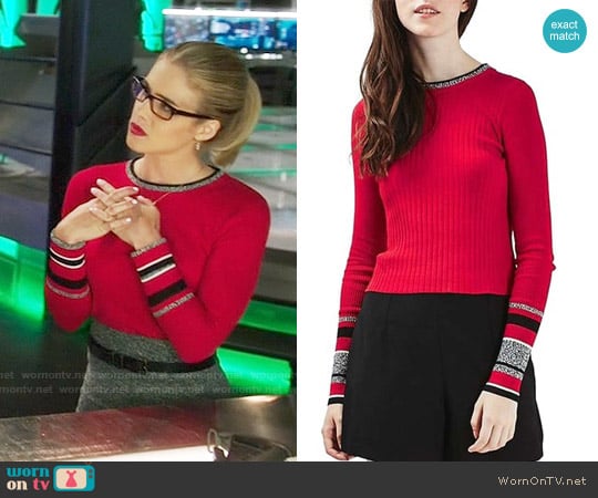 Topshop Stripe Cuff Crop Top in Red worn by Felicity Smoak (Emily Bett Rickards) on Arrow