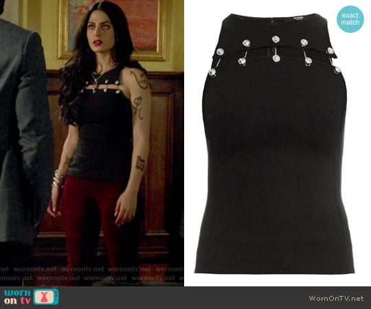 Safety-pin cut-out sleeveless top by Versus Versace worn by Isabelle Lightwood (Emeraude Toubia ) on Shadowhunters