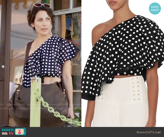 Viva Aviva Single Shoulder Polka Dot Top worn by Abby McCarthy (Lisa Edelstein) on Girlfriends Guide to Divorce