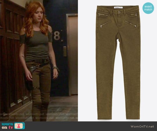 Skinny Six Zip Trousers by Zara worn by Clary Fray (Katherine McNamara) on Shadowhunters