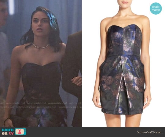 Adelyn Rae Strapless Jacquard Sheath Dress worn by Veronica Lodge (Camila Mendes) on Riverdale