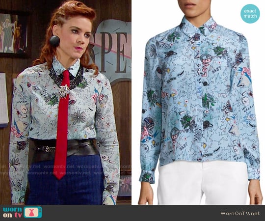 Alice + Olivia Doodle Pop Willa Shirt worn by Sally Spectra (Courtney Hope) on The Bold and the Beautiful