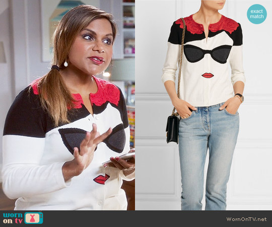 Alice + Olivia Stace Face Cardigan worn by Mindy Lahiri (Mindy Kaling) on The Mindy Project