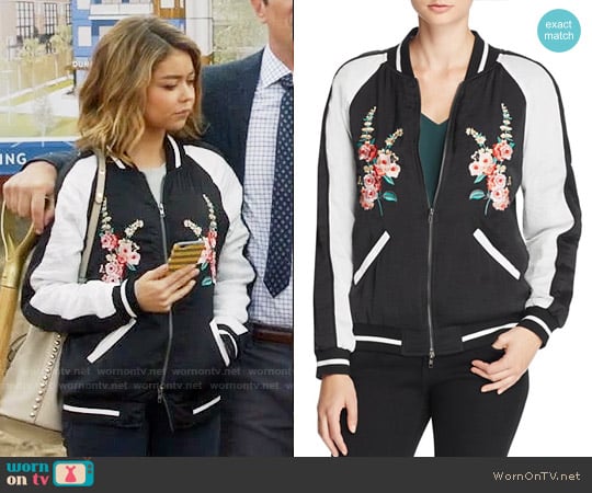 Aqua Floral Embroidered Bomber Jacket worn by Haley Dunphy (Sarah Hyland) on Modern Family