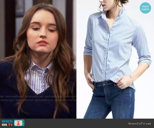 Banana Republic Dillon-Fit Striped Ruffle Placket Shirt worn by Eve Baxter (Kaitlyn Dever) on Last Man Standing