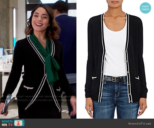 Barneys New York Tipped Cashmere Cardigan worn by Emily Locke (Vanessa Hudgens) on Powerless