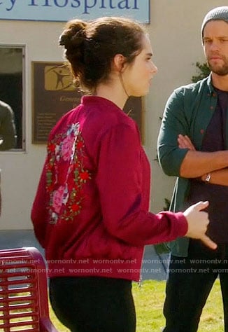 Bay’s red bomber jacket with floral embroidered back on Switched at Birth