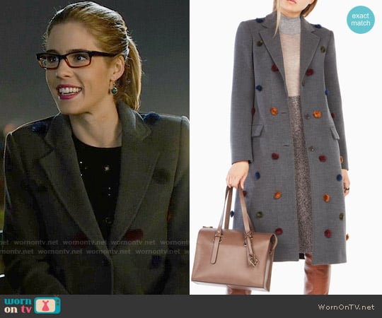 Bcbgmaxazria Jaxson Pom Pom Coat worn by Felicity Smoak (Emily Bett Rickards) on Arrow