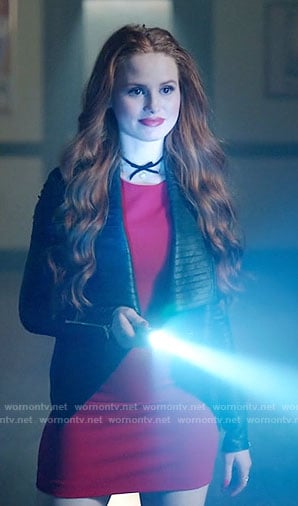 Cheryl’s black pleated leather jacket and bow choker on Riverdale