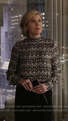 Diane's black and white ikat print blouse on The Good Fight