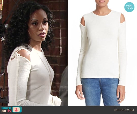 Elizabeth and James Ryan Tie Cold Shoulder Sweater worn by Hilary Curtis (Mishael Morgan) on The Young and the Restless