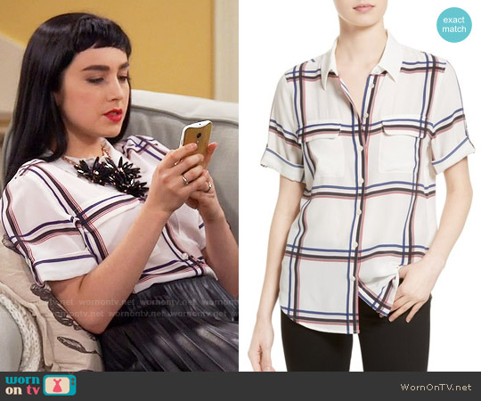 Equipment Slim Signature Silk Shirt in Plaid worn by Mandy Baxter ( Molly Ephraim) on Last Man Standing