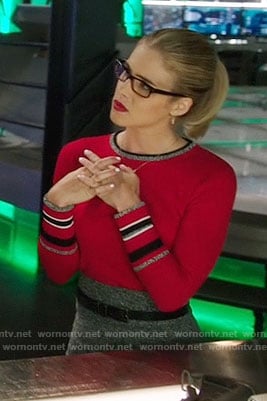 Felicity’s red sweater with striped cuffs on Arrow