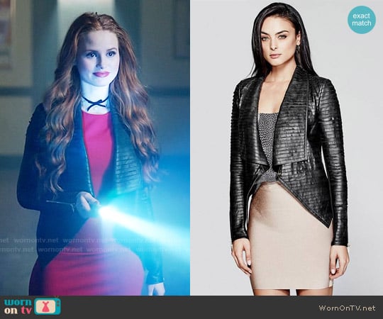 Guess Shayna Drape Leather Jacket worn by Cheryl Blossom (Madelaine Petsch) on Riverdale
