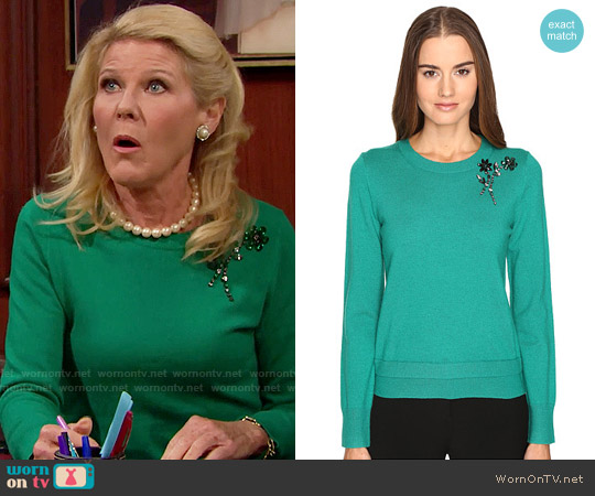 Kate Spade Embellished Brooch Sweater in Emerald Ring worn by Pamela Douglas (Alley Mills) on The Bold and the Beautiful