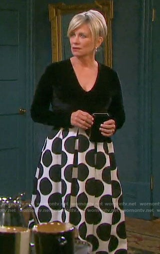 Kayla's polka dot maxi skirt and velvet top on Days of our Lives