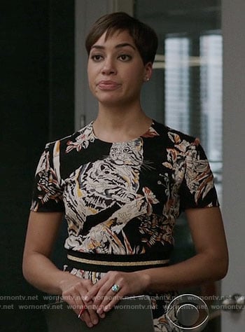 Lucca’s short sleeved cat print dress on The Good Fight