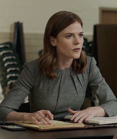 Maia’s grey pleated neck dress on The Good Fight