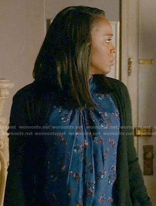 Michaela’s blue printed twist-neck top on How to Get Away with Murder