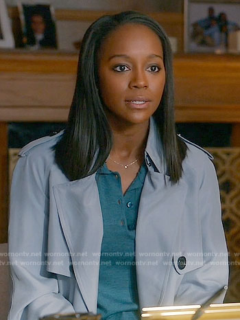 Michaela's light blue trench coat on How to Get Away with Murder