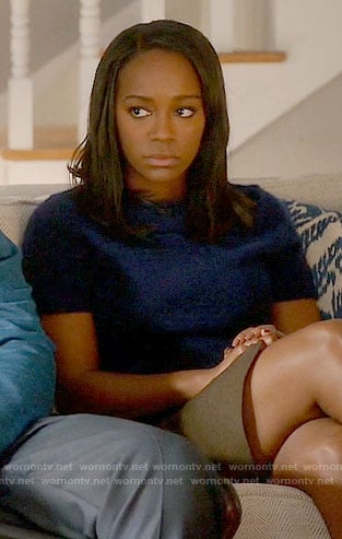 Michaela’s navy short sleeved sweater on How to Get Away with Murder