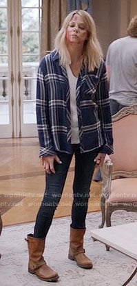 Mickey's navy plaid shirt and tan boots on The Mick