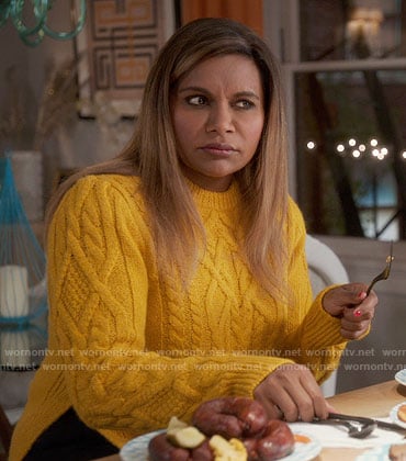 Mindy's yellow cable knit sweater on The Mindy Project