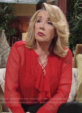 Nikki’s red ruffled lace-up blouse on The Young and the Restless
