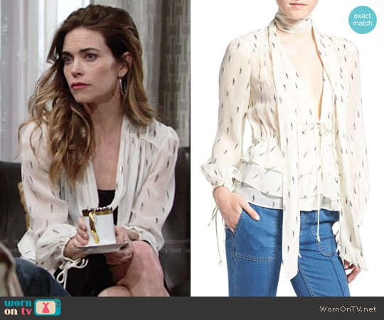 Olivia Palermo + Chelsea28 Tie Neck Peplum Silk Top worn by Victoria Newman (Amelia Heinle) on The Young and the Restless