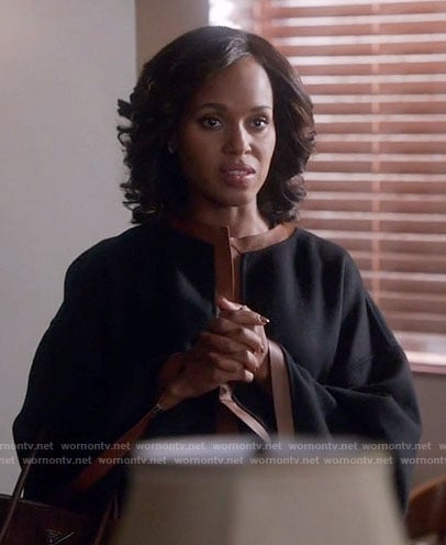 Olivia's black coat with brown leather trim on Scandal