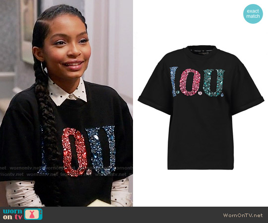 Opening Ceremony I.O.U embellished cotton-jersey sweatshirt worn by Zoey Johnson (Yara Shahidi) on Black-ish