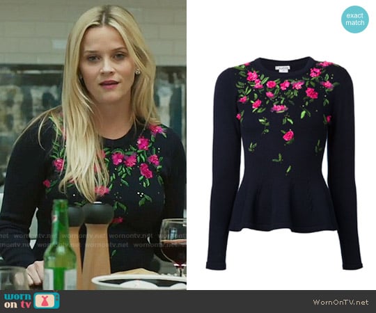 Oscar de la Renta Floral Embroidered Peplum Sweater worn by Madeline Martha Mackenzie (Reese Witherspoon) on Big Little Lies