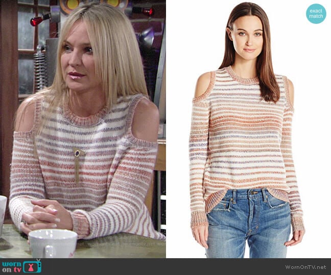 Rebecca Minkoff Page Stripe Cold Shoulder Sweater worn by Sharon Newman (Sharon Case) on The Young and the Restless