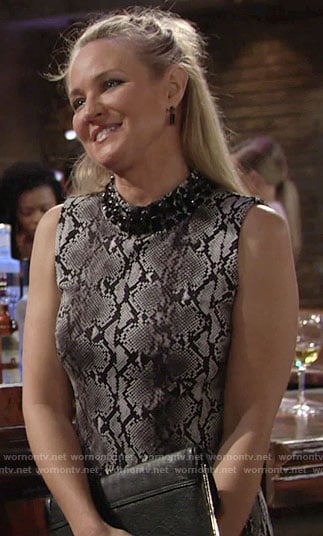 Sharon's grey snake print dress with beaded neck on The Young and the Restless